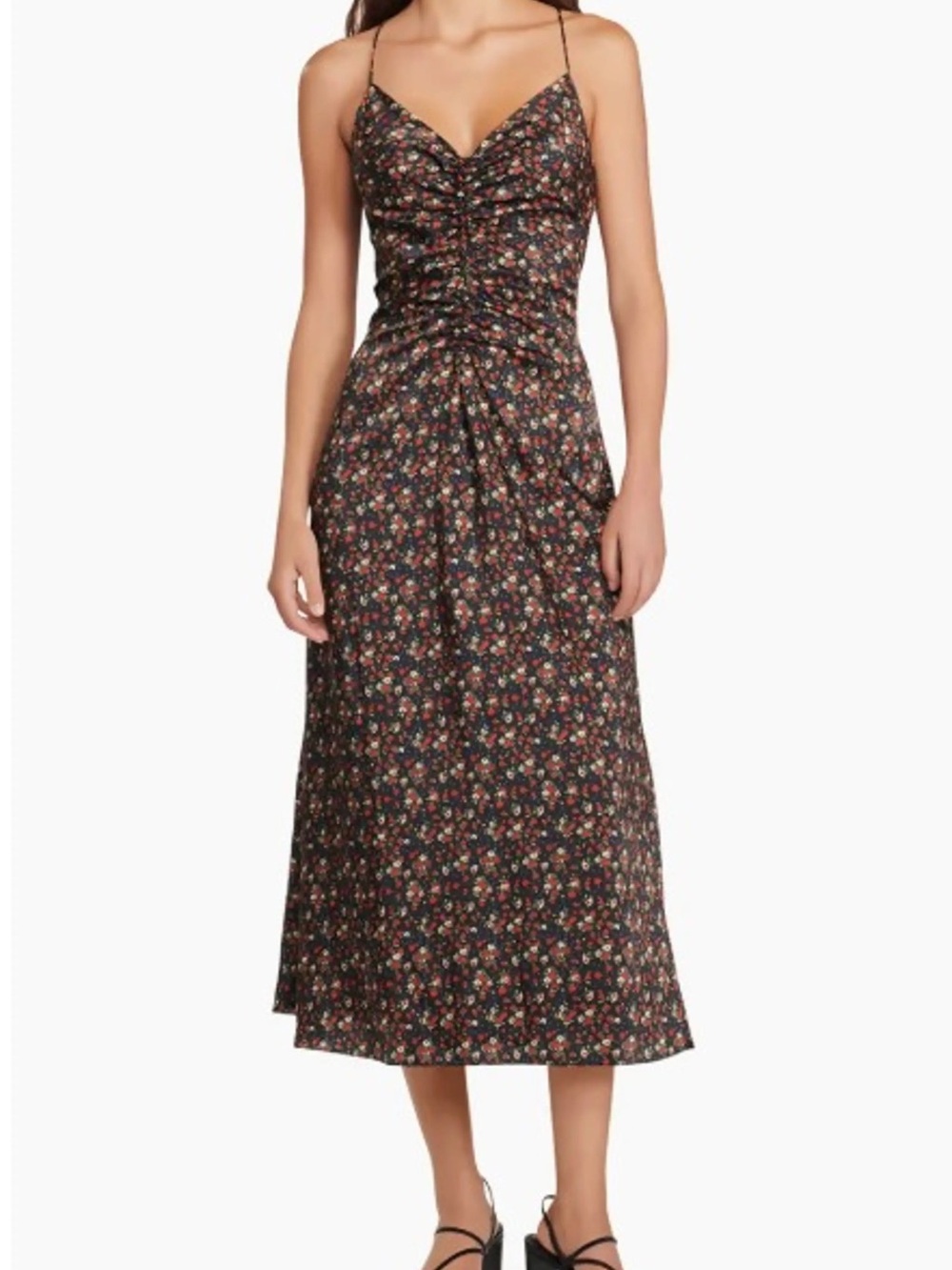 Sandro Black Floral Ruched Maxi Slip Dress